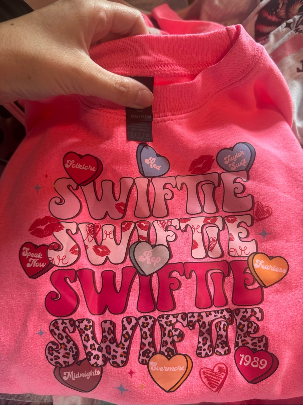 Gildan Pink Kids' Sweatshirt with Heart Graphics and 'Swiftie' Print